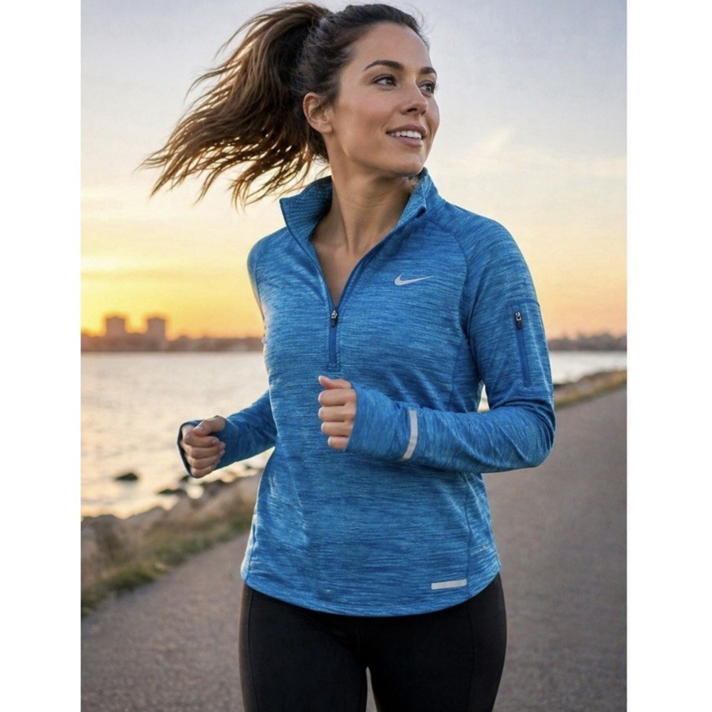 Nike Dri-fit Women's Large Blue 1/4 Zip Pullover Running Jacket Thumb Holes